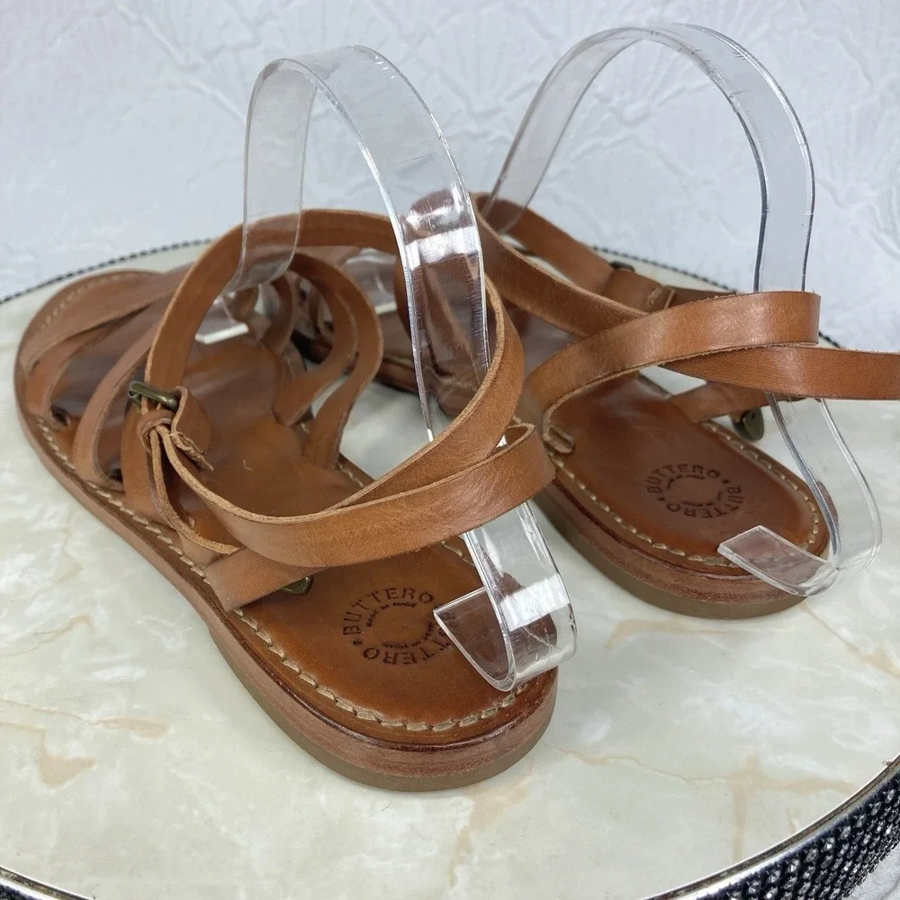 Buttero Leather Strappy Gladiator Sandals Womens 8 Brown Summer Slip On Flat